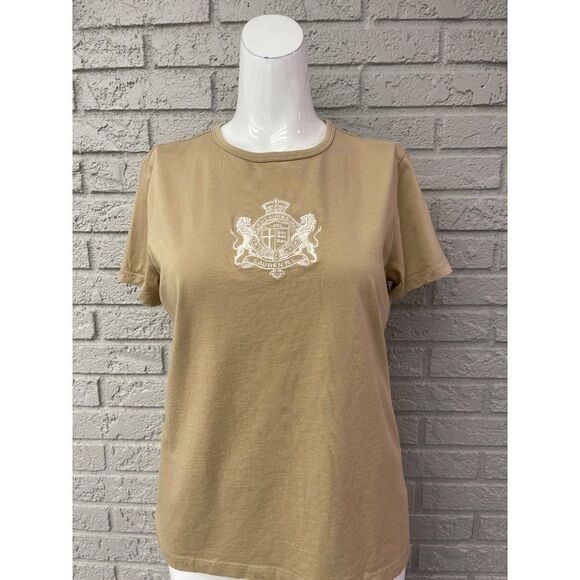Ralph Lauren Women Tan Short Sleeve Embroidered Crest T-Shirt Size M - Picture 1 of 7